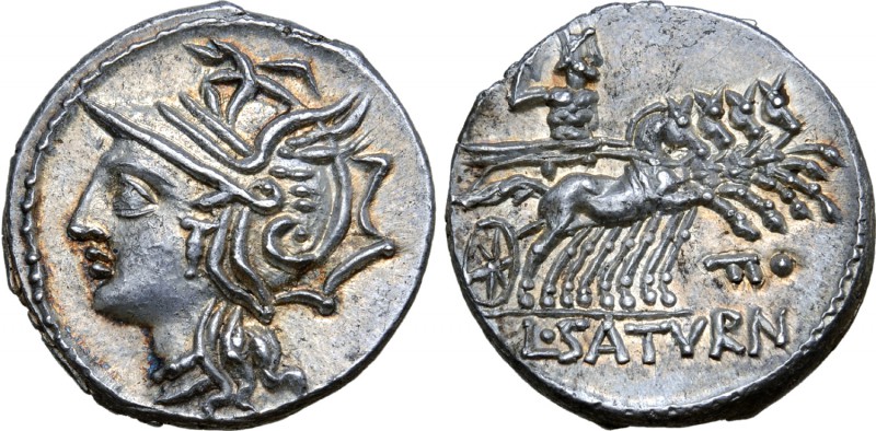 Lucius Appuleius Saturninus AR Denarius. Rome, 104 BC. Helmeted bust of Roma lef...