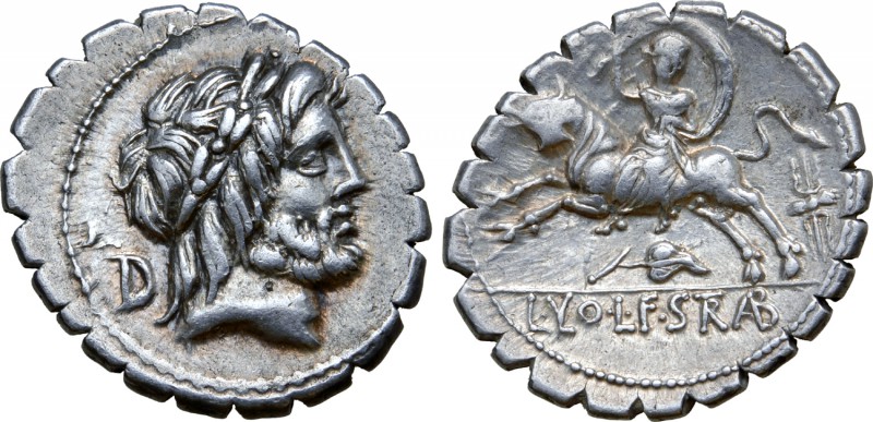 L. Volteius L. f. Strabo AR Serrate Denarius. Rome, 81 BC. Laureate head of Jupi...