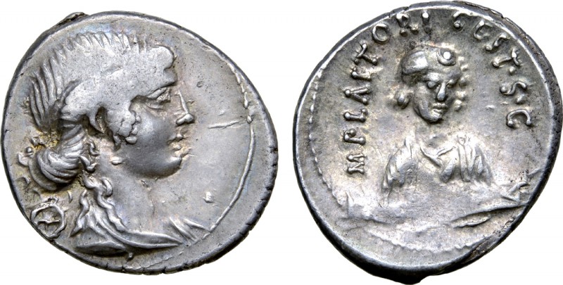 M. Plaetorius M. f. Cestianus AR Denarius. Rome, 69 BC. Draped bust of Fortuna r...