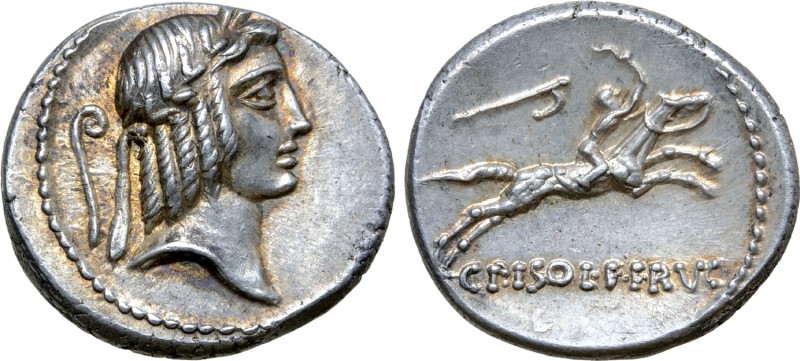 C. Piso L. f. Frugi AR Denarius. Rome, 67 BC. Head of Apollo right, hair bound w...