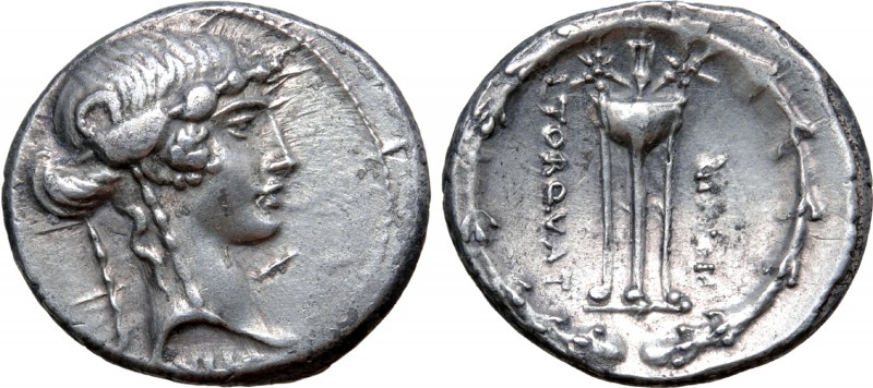 L. Manlius Torquatus AR Denarius. Rome, 65 BC. Ivy-wreathed head of Sybil right;...