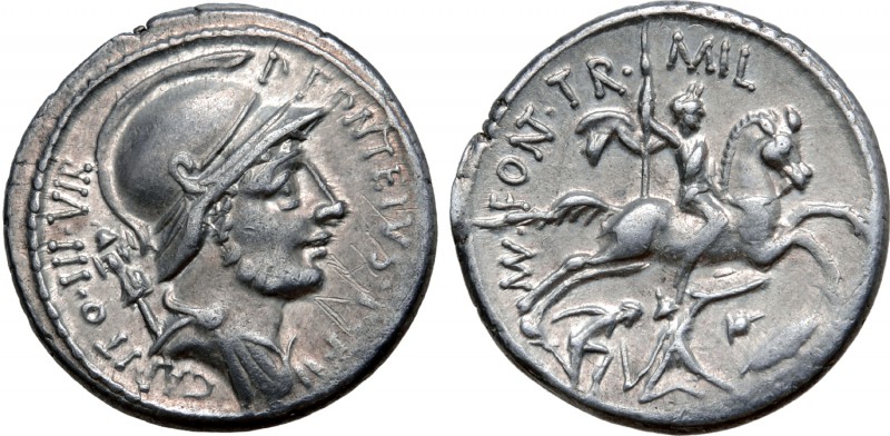 P. Fonteius P. f. Capito AR Denarius. Rome, 55 BC. Helmeted and draped bust of M...
