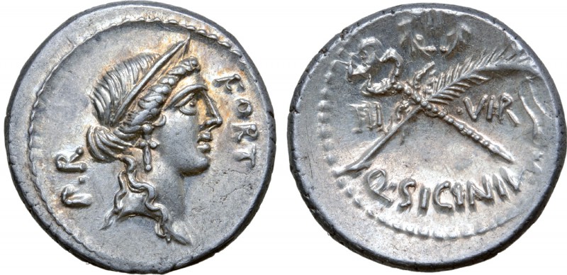 Q. Sicinius AR Denarius. Rome, 49 BC. Diademed head of Fortuna right; P•R upward...