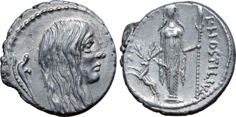 L. Hostilius Saserna AR Denarius. Rome, 48 BC. Bare head of Gallia right, with l...