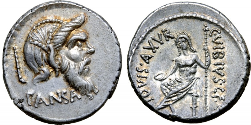 C. Vibius C. f. C. n. Pansa Caetronianus AR Denarius. Rome, 48 BC. Mask of beard...