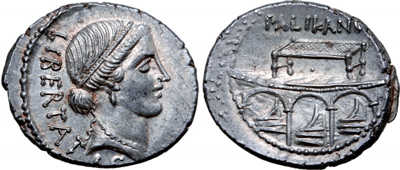 Lollius Palikanus AR Denarius. Rome, 45 BC. Head of Libertas right, wearing pear...