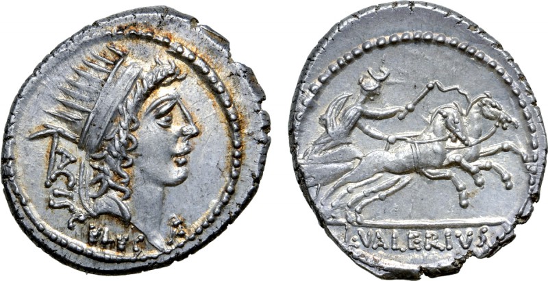 L. Valerius Acisculus AR Denarius. Rome, 45 BC. Radiate head of Sol to right; ac...