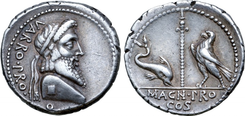 Cnaeus Pompey Magnus AR Denarius. Mint in Greece, 49-48 BC. Diademed terminal bu...