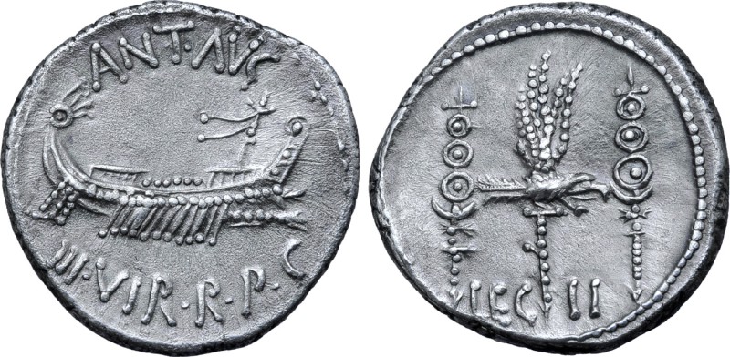 Marc Antony Legionary AR Denarius. Military mint moving with Antony, autumn 32 -...