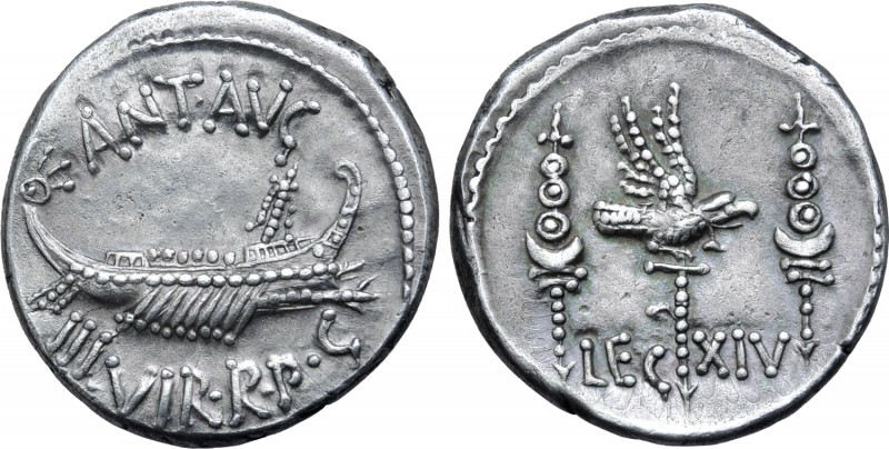 Marc Antony Legionary AR Denarius. Military mint moving with Antony, autumn 32 -...