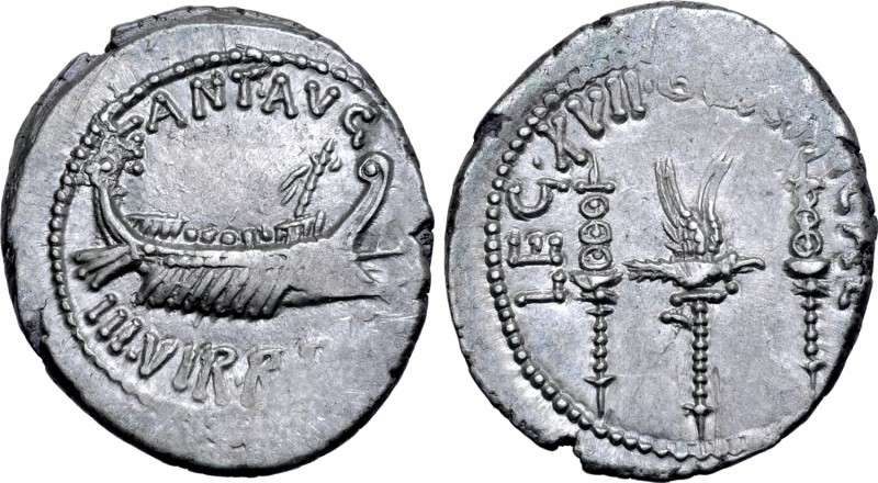Marc Antony Legionary AR Denarius. Military mint moving with Antony, autumn 32 -...