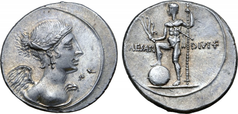 Octavian AR Denarius. Italian mint (Rome?), autumn 31 - summer 30 BC. Winged bus...