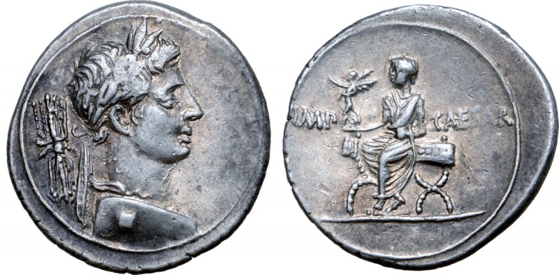 Octavian AR Denarius. Italian mint (Rome?), autumn 30 - summer 29 BC. Laureate b...