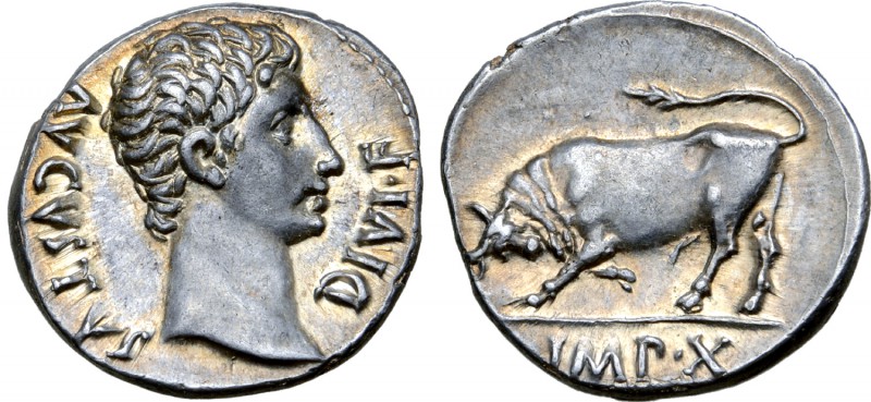 Augustus AR Denarius. Lugdunum, 15-13 BC. AVGVSTVS DIVI•F, bare head right / Bul...
