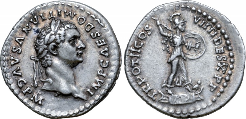 Domitian AR Denarius. Rome, AD 83. IMP CAES DOMITIANVS AVG P M, laureate head ri...