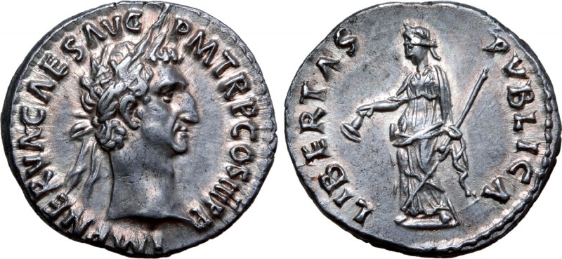 Nerva AR Denarius. Rome, AD 97. IMP NERVA CAES AVG P M TR P COS III P P, laureat...