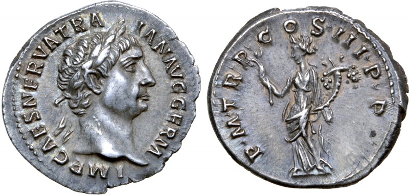 Trajan AR Denarius. Rome, circa AD 100. IMP CAES NERVA TRAIAN AVG GERM, laureate...