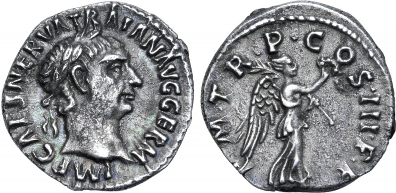 Trajan AR Quinarius. Rome, AD 98-111. IMP CAES NERVA TRAIAN AVG GERM, laureate h...