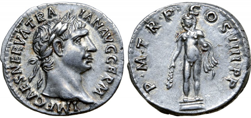 Trajan AR Denarius. Rome, AD 101-102. IMP CAES NERVA TRAIAN AVG GERM, laureate h...