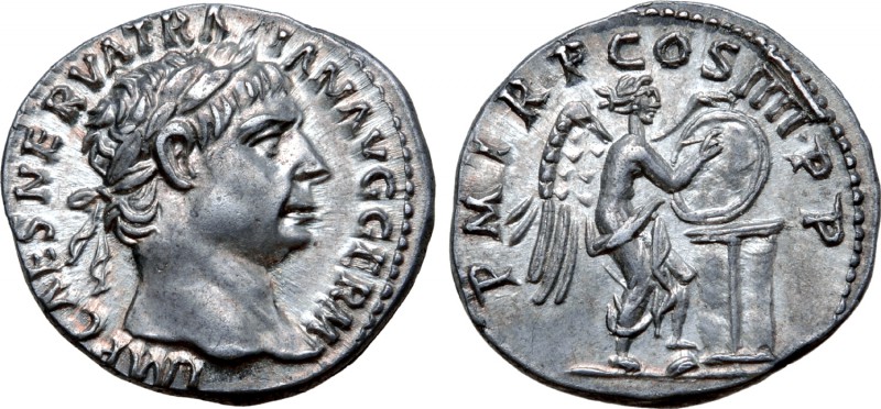 Trajan AR Denarius. Rome, AD 102 AD. IMP CAES NERVA TRAIAN AVG GERM, laureate bu...