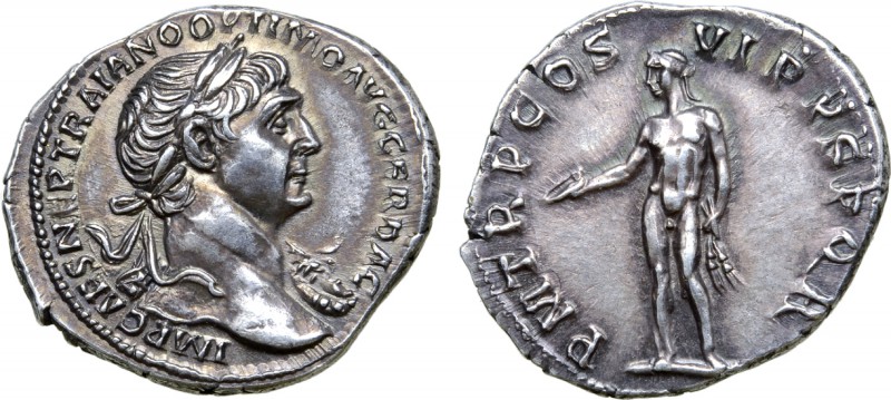 Trajan AR Denarius. Rome, AD 115-116. IMP CAES NER TRAIANO OPTIMO AVG GER DAC, l...