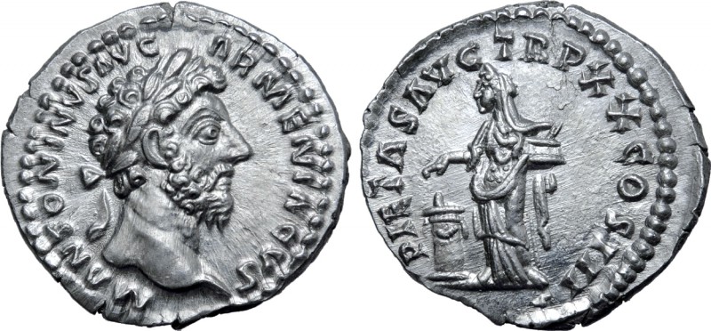 Marcus Aurelius AR Denarius. Rome, AD 165-166. M ANTONINVS AVG ARMENIACVS, laure...
