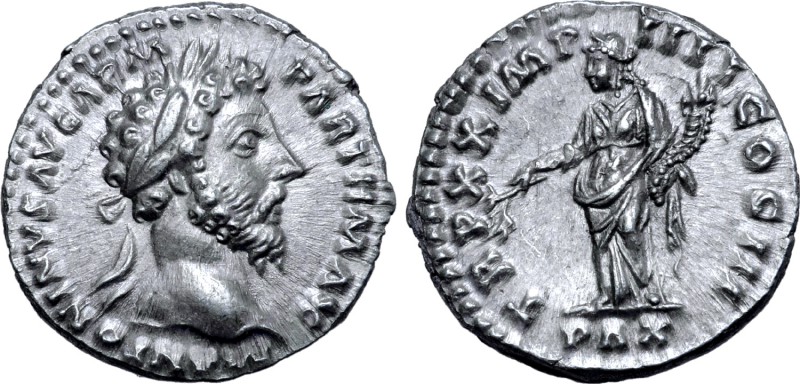 Marcus Aurelius AR Denarius. Rome, AD 166. M ANTONINVS AVG ARM PARTH MAX, laurea...