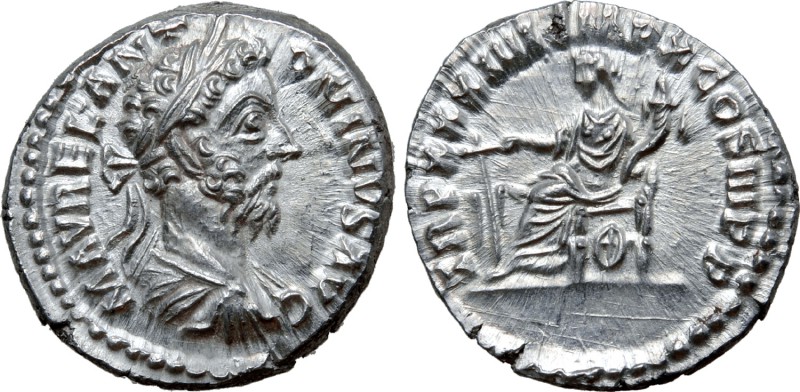 Marcus Aurelius AR Denarius. Rome, AD 179-180. M AVREL ANTONINVS AVG, laureate, ...