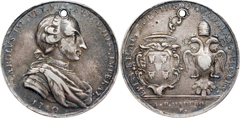 MEXICO. Guadalajara, El Obispo. Silver Proclamation Medal, 1760. Charles III. PC...