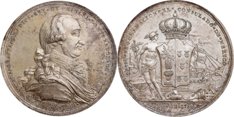 MEXICO. Charles IV Silvered Bronze Proclamation Medal, 1789. Mexico City Mint. P...