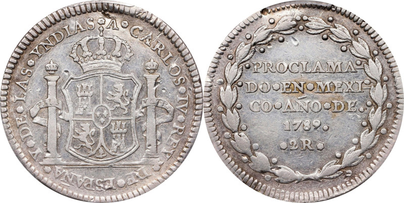 MEXICO. Mexico City. Silver 2 Reales Proclamation Medal, 1789. Charles IV. PCGS ...