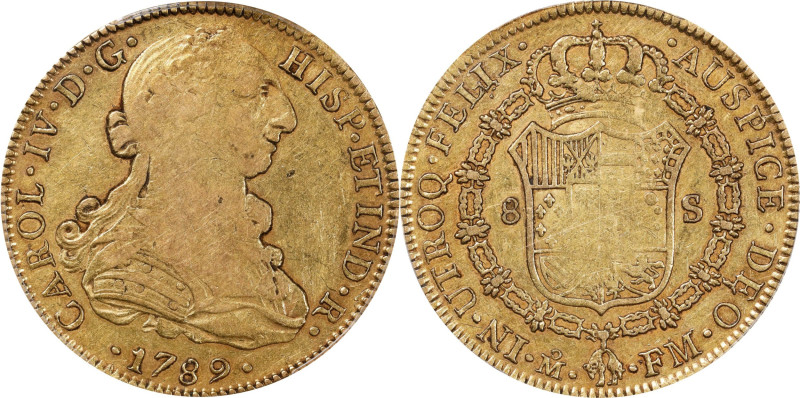 MEXICO. 8 Escudos, 1789-Mo FM. Mexico City Mint. Charles IV. PCGS VF-30.
Fr-37;...