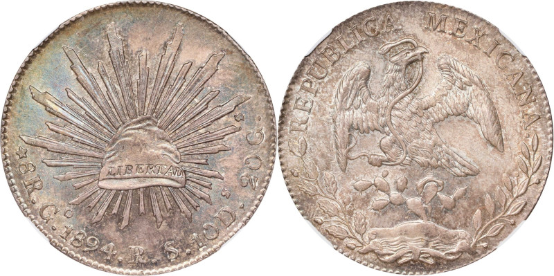 MEXICO. 8 Reales, 1894-Go RS. Guanajuato Mint. NGC MS-64.
KM-377.8; DP-Go77. A ...