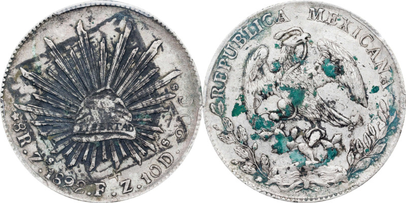 MEXICO. 8 Reales, 1892-Zs FZ. Zacatecas Mint. PCGS Genuine--Chopmark, EF Details...