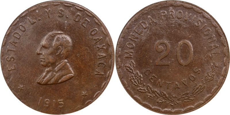 MEXICO. Oaxaca. 20 Centavos, 1915. ICG MS-62 Brown.
KM-731.1. Well made for the...