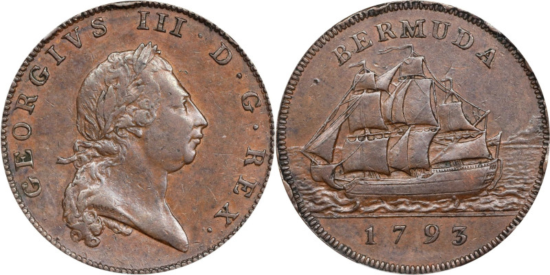 BERMUDA. Penny, 1793. Soho (Birmingham) Mint. George III. PCGS AU-55.
KM-5; Pri...