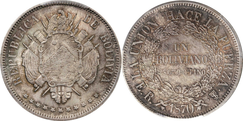 BOLIVIA. Boliviano, 1870-PTS ER. Potosi Mint. PCGS MS-65.
KM-155.2. Dot below "...