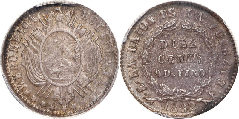 BOLIVIA. 10 Centavos, 1882-PTS FE. Potosi Mint. PCGS MS-62.
KM-158.2. This piec...