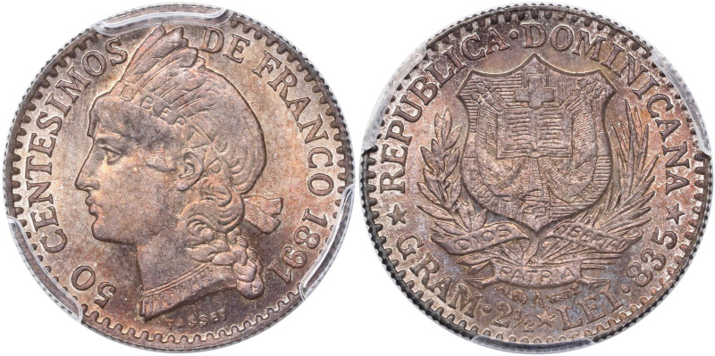 DOMINICAN REPUBLIC. 50 Centesimos, 1891-A. Paris Mint. PCGS MS-66.
KM-10. Tied ...