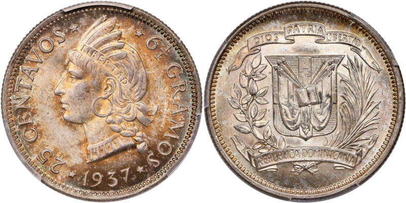 DOMINICAN REPUBLIC. 25 Centavos, 1937. Philadelphia Mint. PCGS MS-64.
KM-20. Th...