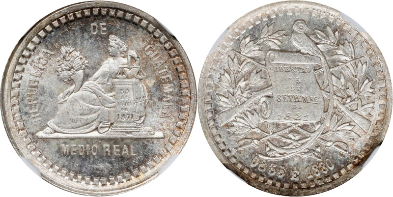 GUATEMALA. 1/2 Real, 1880-E. Guatemala City Mint. NGC MS-65.
KM-155.1. An encha...