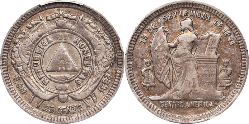 HONDURAS. 25 Centavos, 1888. PCGS EF-45.
KM-50. Variety with 9 over inverted 9 ...