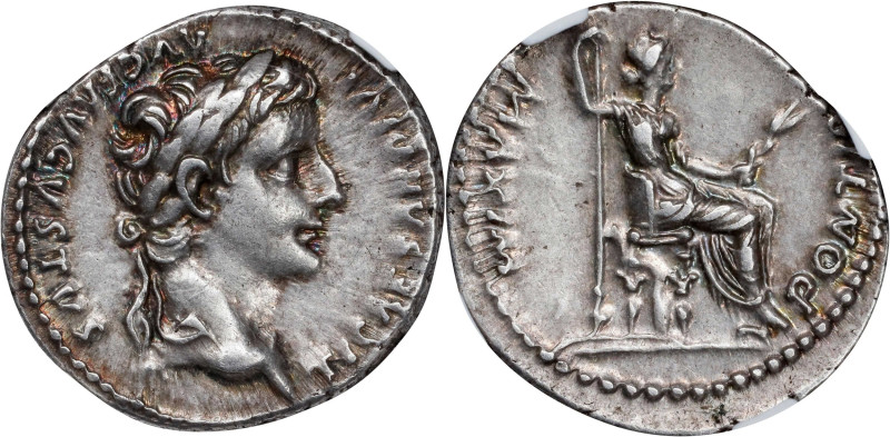 TIBERIUS, A.D. 14-37. AR Denarius (3.86 gms), Lugdunum Mint, ca. A.D. 18-35. NGC...