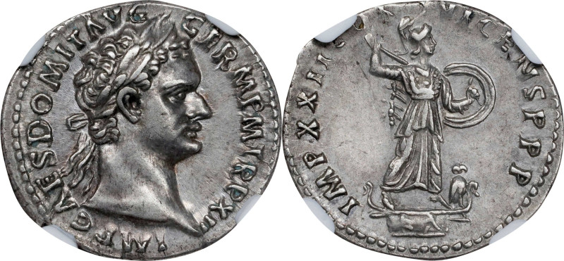 DOMITIAN, A.D. 81-96. AR Denarius (3.37 gms), Rome Mint, ca. A.D. 87. NGC Ch EF,...