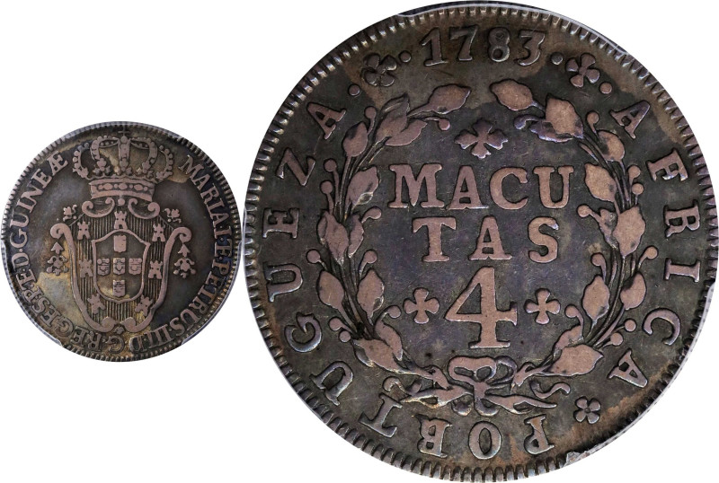 ANGOLA. 4 Macutas, 1783. Maria I and Pedro III. PCGS VF-35.
KM-22. Mintage: 10,...