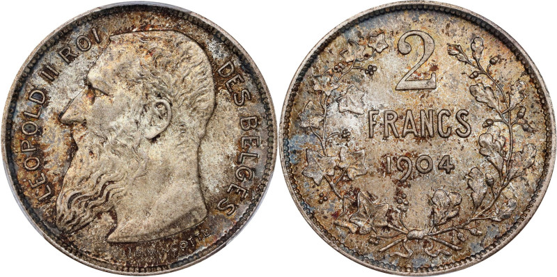 BELGIUM. 2 Francs, 1904. Leopold II. PCGS MS-66.
KM-58.1. Near the top of the f...