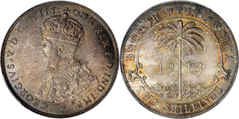 BRITISH WEST AFRICA. 2 Shillings, 1913. George V. PCGS MS-65.
KM-13. Admirably ...