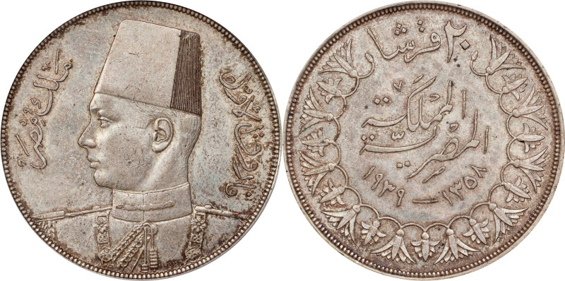 EGYPT. 20 Piastres, AH 1358/1939. London Mint. Farouk I. PCGS AU-55.
KM-368. Th...