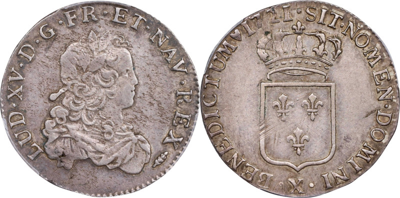 FRANCE. 1/3 Ecu, 1721-X. Amiens Mint. Louis XV. PCGS AU-50.
KM-457.23; Gad-306....