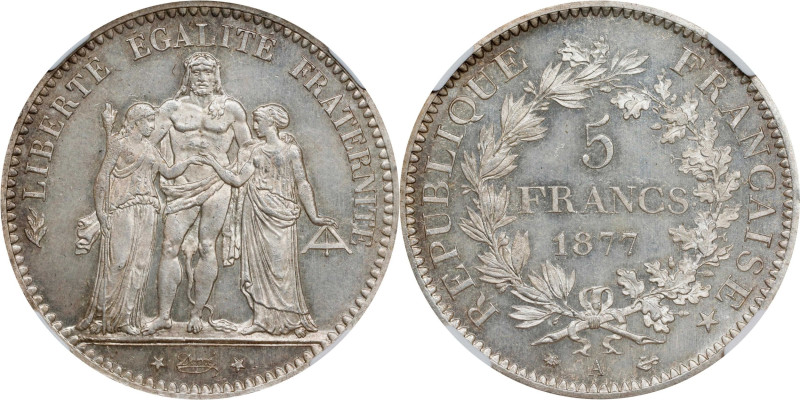 FRANCE. 5 Francs, 1877-A. Paris Mint. NGC MS-65+.
KM-820.1; Gad-745A. An impres...